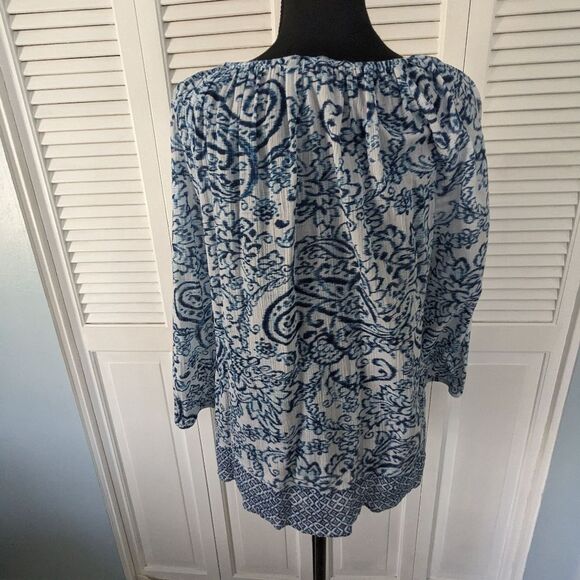 CHAPS Top Women's sz M Blue White Boho Lightweight Paisley Tunic Elastic Flowy - Picture 2 of 10